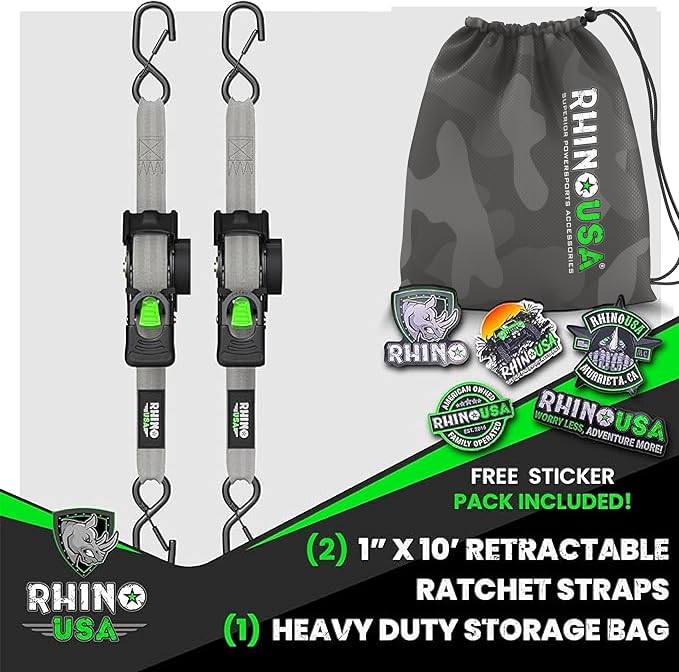 Rhino USA Retractable Ratchet Straps (2-Pack) - 1 Inch x 10 Feet (1,209lb Break Strength) - Auto Self Retracting Tie Down Straps for Truck, Cargo Trailer, Motorcycle, ATV, UTV - Gray