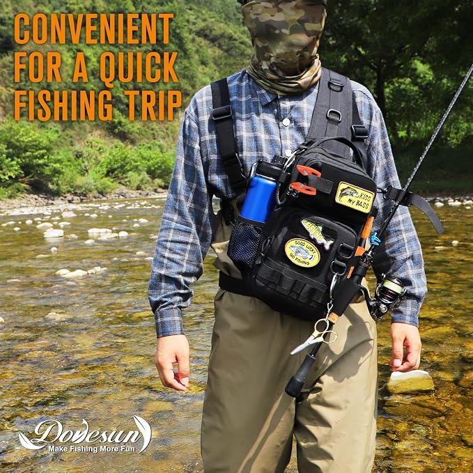 Dovesun Small Fishing Backpack Fishing Sling Bag with 3600 Tackle Box Small Tackle Backpack with Tool Set Black