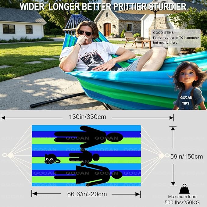GOCAN Double Hammock 2 Person Extra Large 220x160cm Total Length 330cm Load 500lb Canvas Cotton Hammock for Patio Porch Garden Backyard Lounging Outdoor and Indoor with Removable Spreader bar