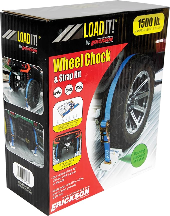 Erickson Wheel Chock Tie-Down Kit, 2 in x 6.5 ft, Single Slotted E-Fitting, Fits 10 in-30 in Tires, 1500 lb Ratchet Straps - Secures ATV, UTV, SxS, Mower & More