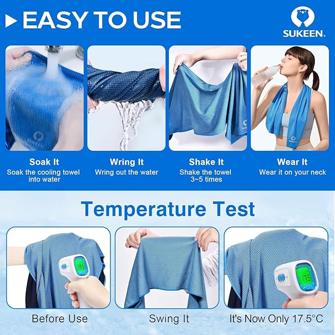 Sukeen 8 Pack Cooling Towels (40"x12"), Cooling Towels for Neck and Face, Microfiber Soft Breathable Chilly Ice Towel, Sweat Towel for Gym, Yoga, Sports, Golf, Camping, Running, Fitness, Workout