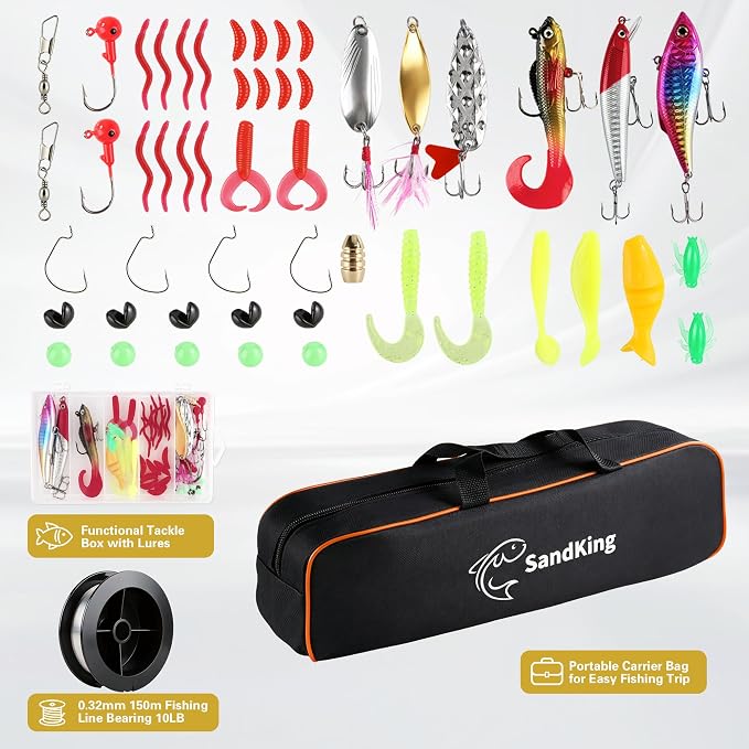 Fishing Pole Kit, Carbon Fiber Telescopic Fishing Rod and Reel Combo with Spinning Reel, Line, Bionic Bait, Hooks and Carrier Bag, Fishing Gear Set for Beginner Adults
