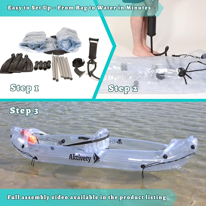 Clear Kayak - Transparent 2-Seater Inflatable Tandem for Two Adults - See-Through Style - Complete Set with Adjustable Seats, Pump, Paddles, Carry Bag & Tracking Fin