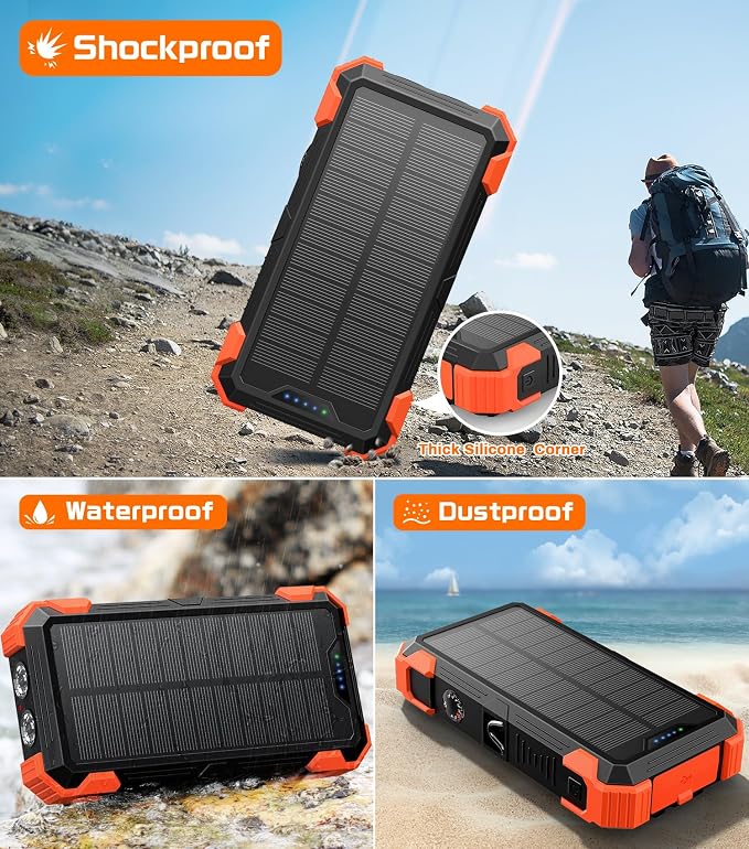 GOODaaa Solar Power Bank 24000mAh, Portable Charger with 4 Built-in Cables, 15W Fast Charging 5 Outputs 2 Inputs Battery Pack, Thermometer & SOS Flashlight for iPhone 17/16, Samsung, All Cell Phones
