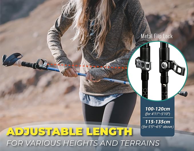 TREKOLOGY Trek-Z Collapsible Hiking & Trekking Poles -100cm-120cm (Blue) Adjustable Length - Bundle with 8 pcs of Rubber Pole Tip - Perfect Set for Hikers, Backpacker - Walking Stick for Camping