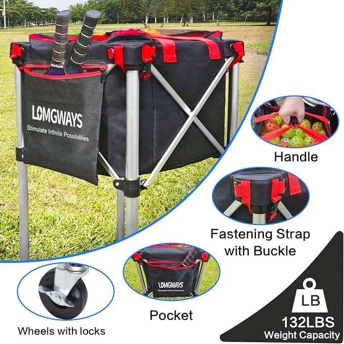 Pickleball Tennis Hopper–Foldable Cart Holds 180 Tennis/160 Pickleballs | Large Capacity |Lightweight with Wheels | Removable Bag| Side Pocket | Multi-Sport Use