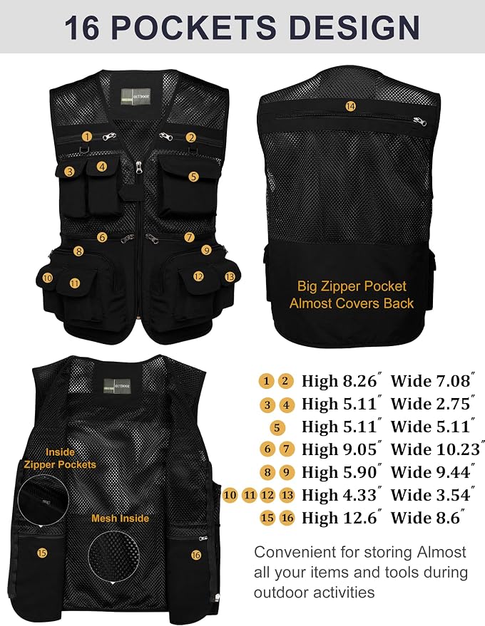 Flygo Men's Fishing Vest Utility Lightweight Outdoor Travel Safari Photo Cargo Vest with 16 Pockets