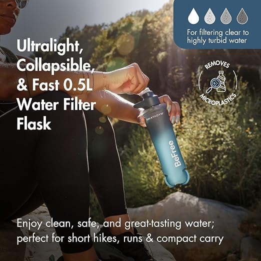 Katadyn BeFree AC 0.5L Collapsible Water Filter Bottle | Ultralight 72g Soft Flask, 2-Stage Filter Removes Improves Taste, Fits Running Vest - Slate Blue