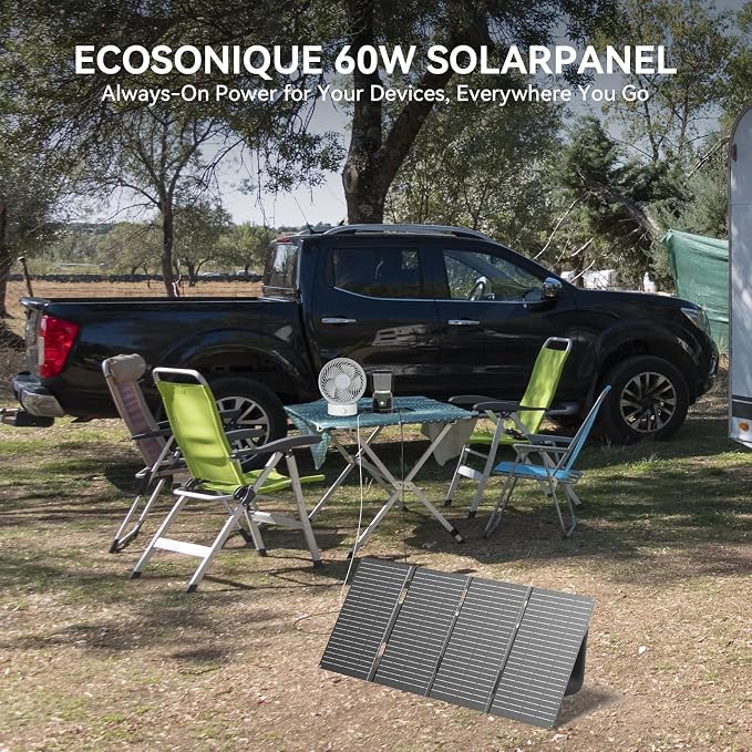 Ecosonique 60W Portable Solar Panel Charger 3.53 lbs Ultra-Light Foldable ETFE, USB-C 33W PD3.0 & USB-A 24W QC3.0 Fast Charging 18V DC XT60 for Power Station, Phones, Tablets, Camping, Emergency