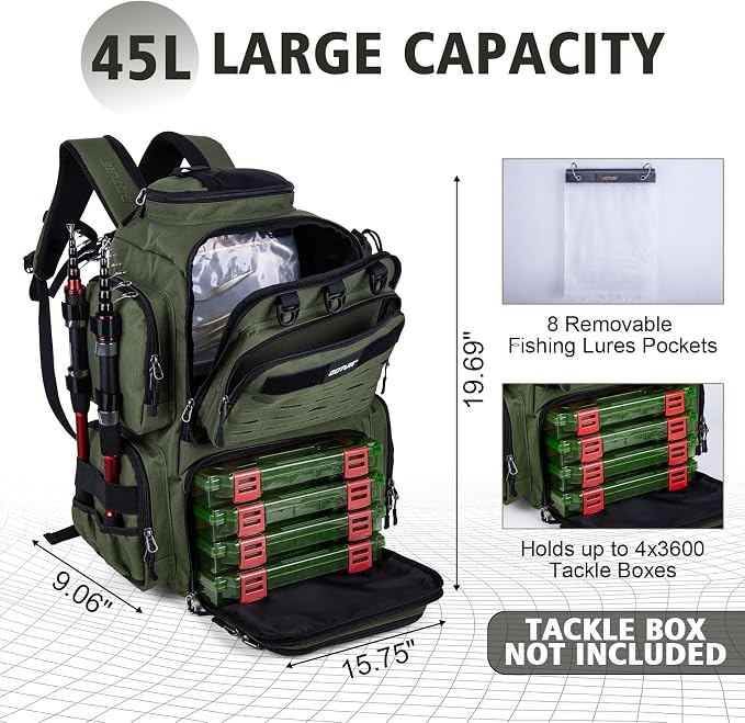 Goture Fishing Backpack,900D Water-Resistant Tackle Backpack with Rod Holders, SBS Zippers,45L Large Fishing Bag Storage Gear Tackle Bag with Rain Cover, Bottle Holder for Travel Camping Hiking