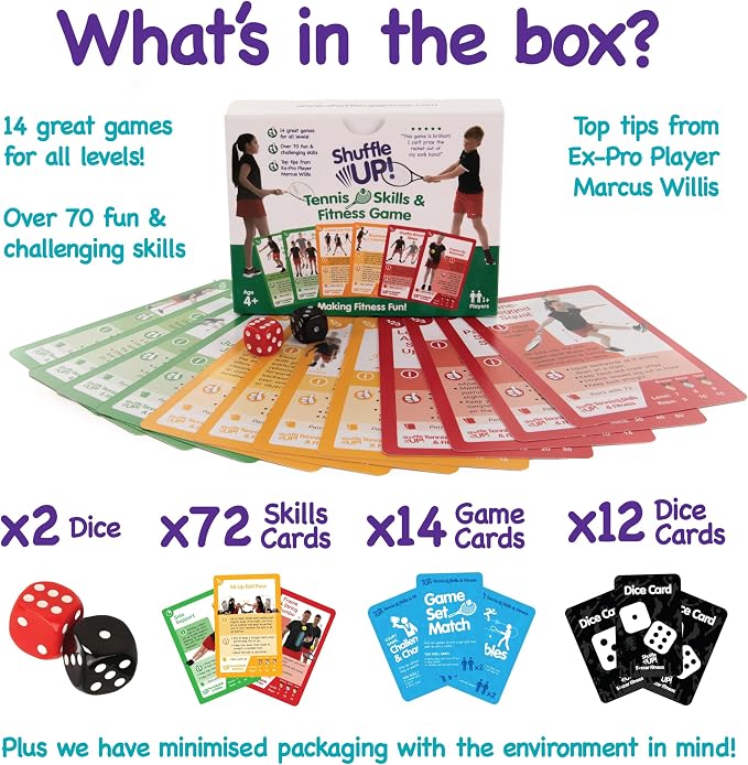 Shuffle Up Tennis Card Games - 70+ Fun & Active Skills Cards for Kids, Fitness Card Develop Fundamentals, Stamina & Strength, Easy to Play for Kids | Multiple Skill Level Cards Include 2 Dices
