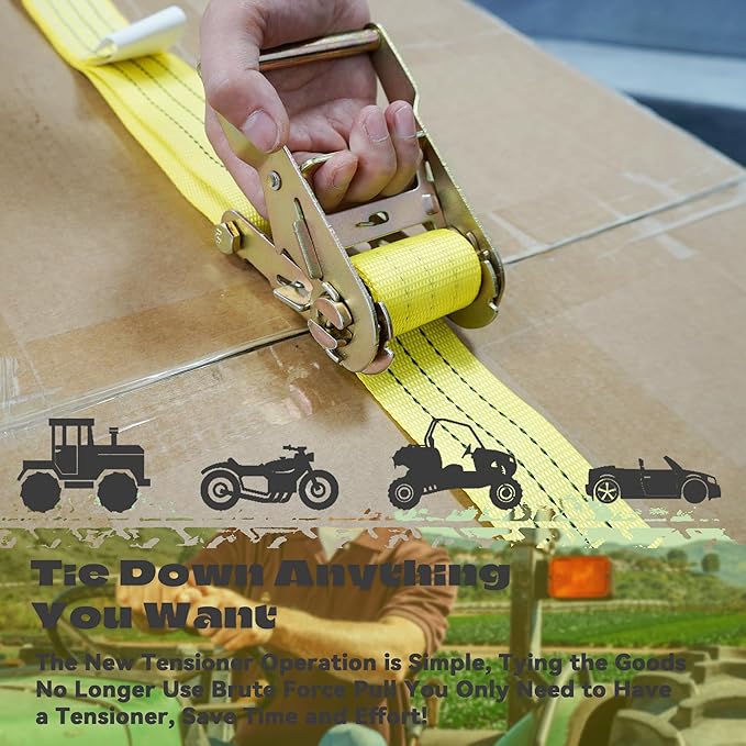 E Track Ratchet Straps Tie Down Strap (8-Pack), 2in×15ft Heavy Duty Tie Down Cargo Straps，4400 LBS Breaking Strength E Track Trailer Tire Straps for Tires Motorcycles Tailers Loads, Yellow.