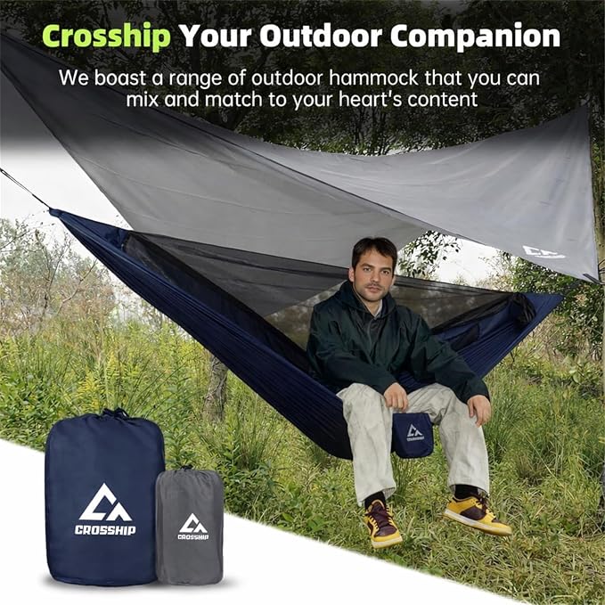 Camping Hammock with Mosquito Net, 2 Person Hammock Bug Net, Portable, Parachute Nylon for Outdoor, Camping, Hiking, Backpacking, Backyard, Beach, Travel (Hold Up to 500lbs) (Midnight Blue)