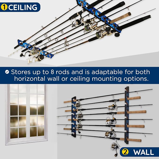Rush Creek Creations Ceiling Rod Holder for 8 Fishing Poles - Garage Organization and Wall Storage for Reels, Gear, and Accessories - Horizontal Rack