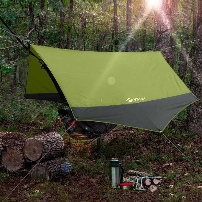 VILLEY Camping Tarps for Tents, Portable Waterproof Hammock Rain Fly, Easy Set Up Camping Shelter Sunshade Canopy for Outdoor Fishing, Backpacking, Hiking, Survival Gear- Heptagonal, Green