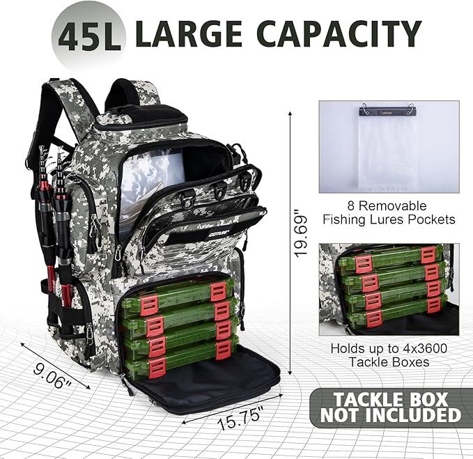 Goture Fishing Backpack,900D Water-Resistant Tackle Backpack with Rod Holders, SBS Zippers,45L Large Fishing Bag Storage Gear Tackle Bag with Rain Cover, Bottle Holder for Travel Camping Hiking