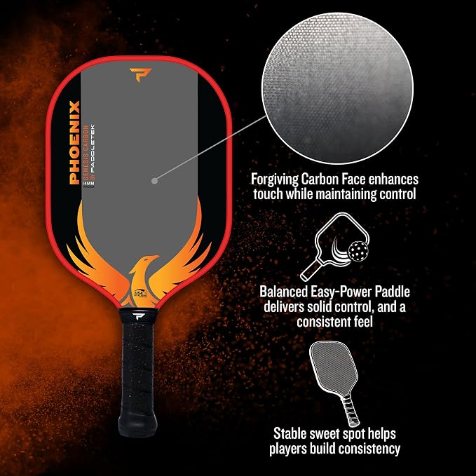 Paddletek Phoenix Genesis Carbon 14mm Pickleball Paddle – Textured Carbon Fiber Pickleball Paddle with Polypropylene Honeycomb Core – USAPA Approved – Balanced All-Court Performance – 5.25" Handle