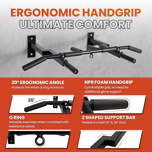 Yes4All Multi-Grip Wall Mount Pull-Up Bar, 16 Inches & 24 Inches Reversible Stud and Wall Compatibility Mounted Pull Up Bar Design, Solid Construction Strength Training