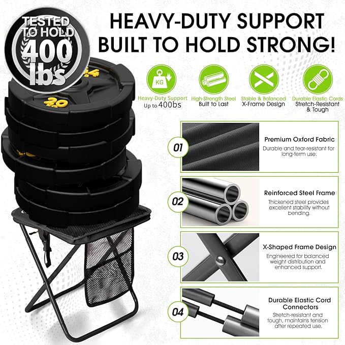 CAMDOOR Adult Portable Collapsible Stool with 3 Side Pockets and Shoulder Strap, Extra Large Folding Camping Stool Supports 400 lbs, Ultralight Portable Seat for Camping, Hiking, Fishing