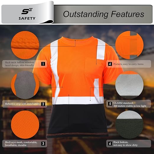 Hi Vis T Shirt Class 3 High Visibility Shirts for Men Safety Shirts with Reflective Strips and Pocket Breathable Construction Work Mesh Short Sleeve Orange-Black