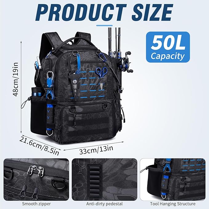 Fishing Tactical Backpack with 2 Rod Holders, Waterproof Tackle Bag with Bottle Holder,50L Large Storage Bag for Fishing Gear and Equipment, Black Camo