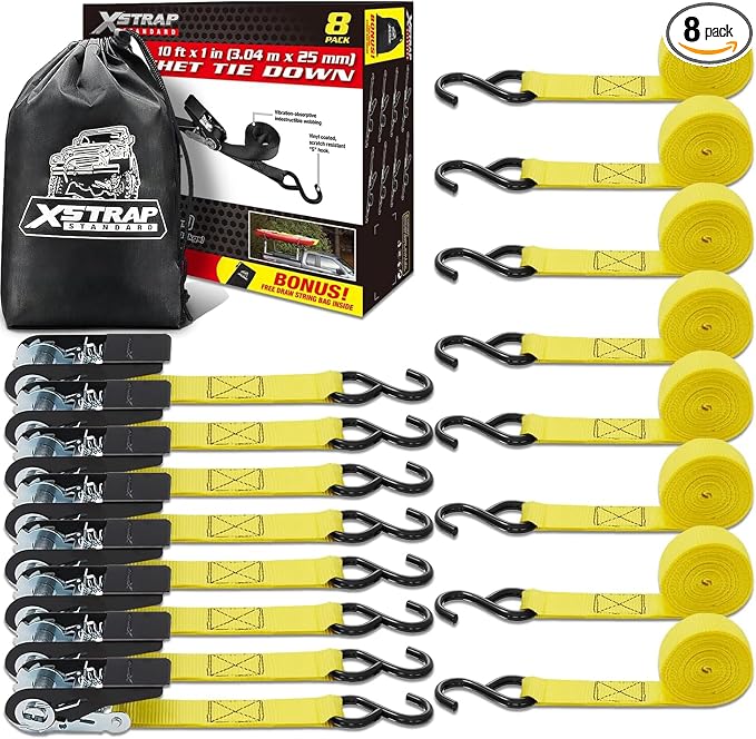 XSTRAP STANDARD 8-Pack Ratchet Tie Down Straps, 1" x 10ft, 900lb Break Strength Heavy Duty Straps for Motorcycles, ATVs, Lawn Equipment, Appliances & Truck Cargo - Yellow