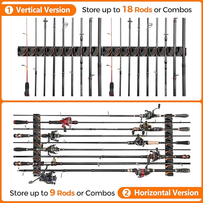 PLUSINNO V9 Vertical Fishing Rod Holders, 2 Packs Wall Mounted Fishing Pole Holders, Fishing Rod Racks Hold Up to 18 Rods or Combos, Fishing Pole Holders for Garage, Fishing Gear and Gifts for Men