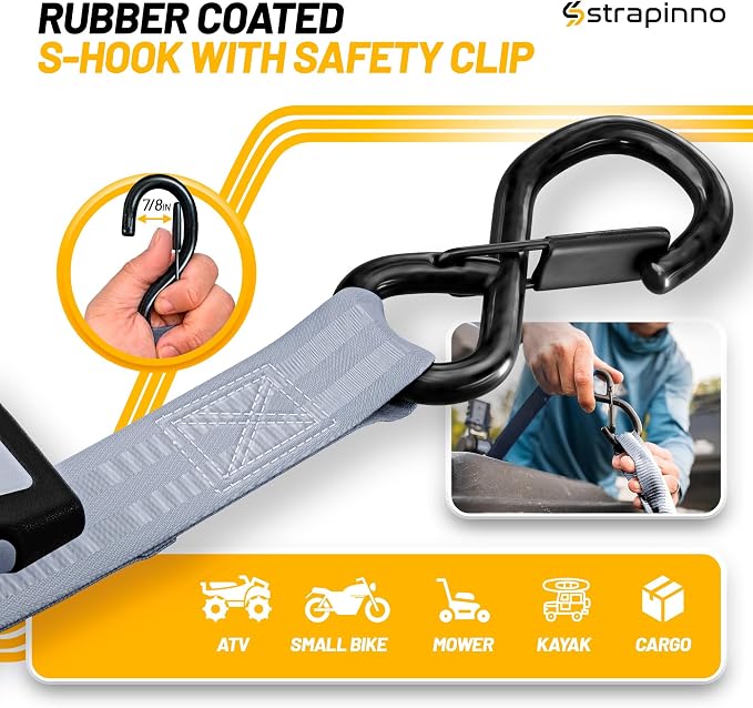 Strapinno Retractable Ratchet Straps (4-Pack), 1 in x 10 ft, 1,500LBS Break Strength, Most Durable Straps and Core, Auto Self Retracting Tie Downs for Truck, Moving, Motorcycle, Bike, Jetski, Kayak
