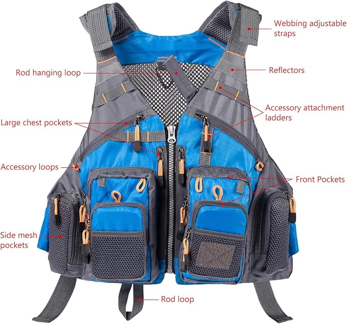 BASSDASH Strap Fishing Vest Adjustable for Men and Women, for Fly Bass Fishing and Outdoor Activities