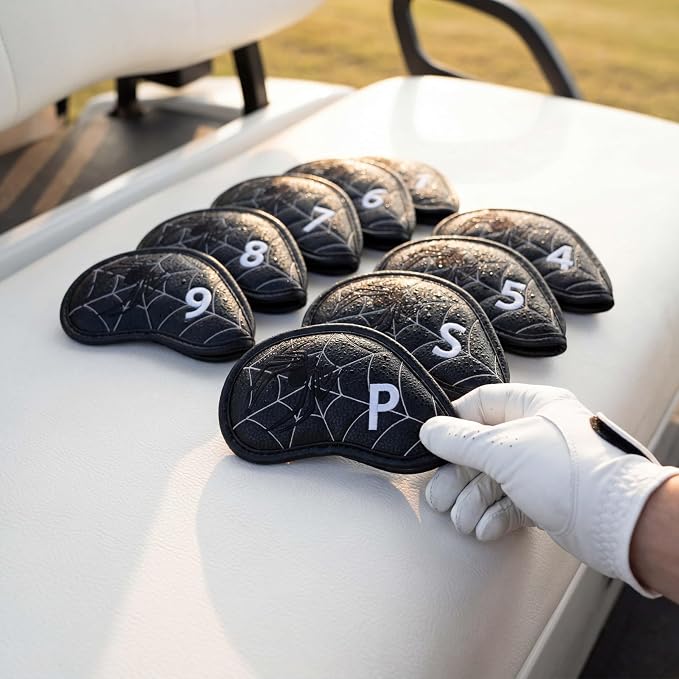 Vesperlux Spider Golf Headcovers Driver Wood Hybrid Iron | Waterproof Leather, Magnetic Putter Cover, Anti-Slip Fit, Full Protection, Durable, Fits Alignment Stick, Men's Golf Gift