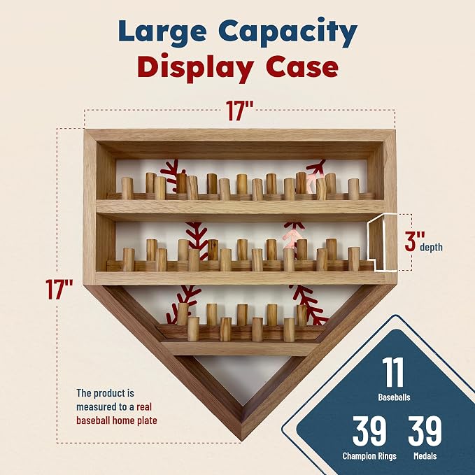 Baseball Championship Ring Display Case – Fully Customizable Baseball Ring Holder with 39 Removable Pegs & 3 Shelves – Gifts for Kids – Designed in the U.S.