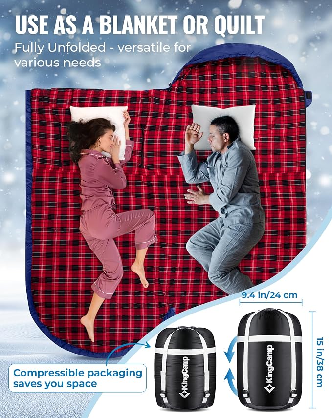 KingCamp Sleeping Bag for Adults Big and Tall, Cold Weather Camping Sleeping Bag with Soft 100% Cotton Flannel Lining, Portable Lightweight Outdoor Traveling & Car Camping
