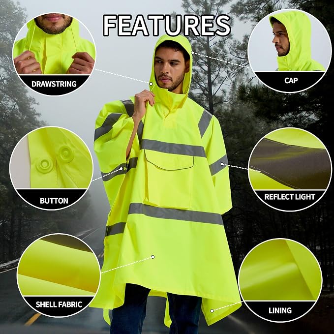 SRsafety Hi Vis Rain Poncho,High Visibility Rain Ponchos for Adults with Pocket,Safety Rain Jacket Stowable Conjoined Cap