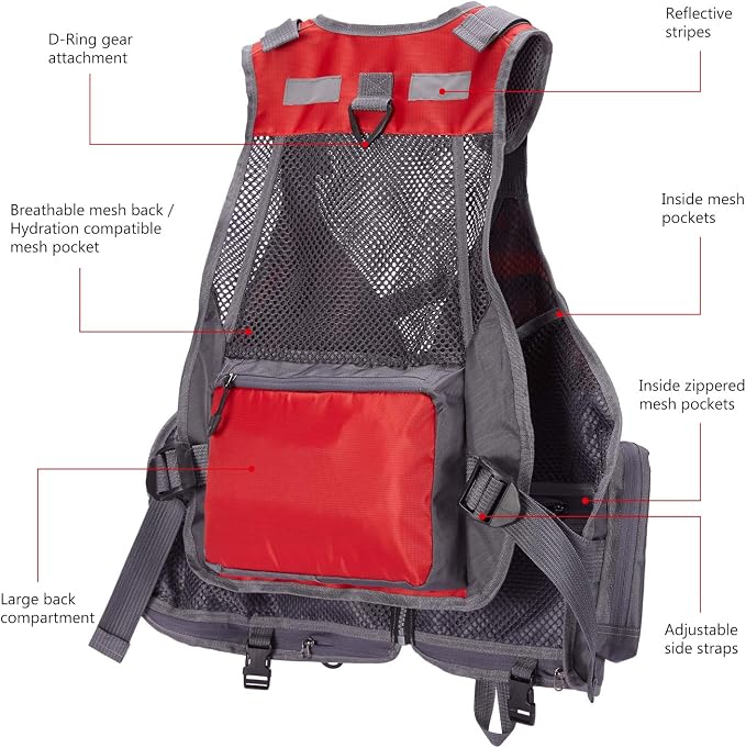 BASSDASH Strap Fishing Vest Adjustable for Men and Women, for Fly Bass Fishing and Outdoor Activities