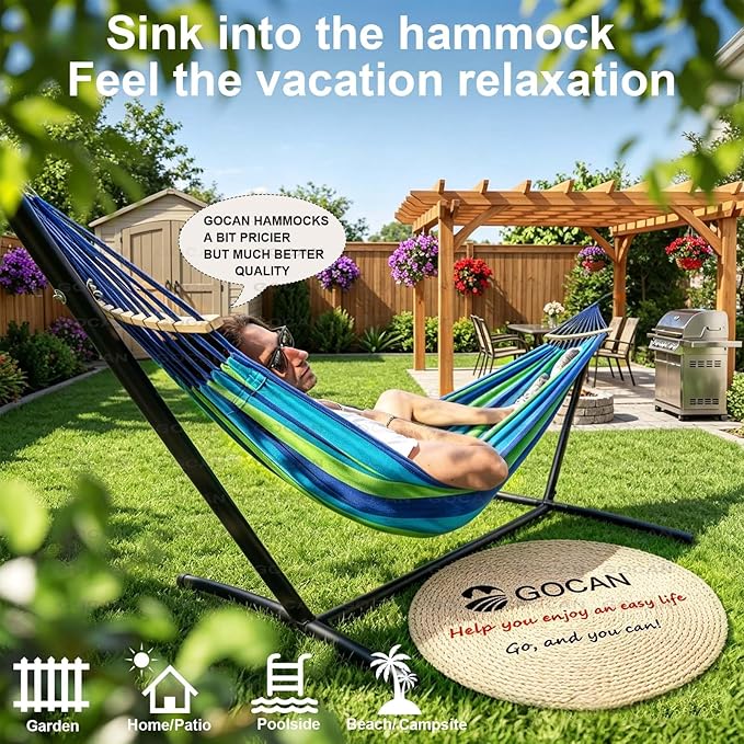 GOCAN Double Hammock 2 Person Extra Large 220x160cm Total Length 330cm Load 500lb Canvas Cotton Hammock for Patio Porch Garden Backyard Lounging Outdoor and Indoor with Removable Spreader bar