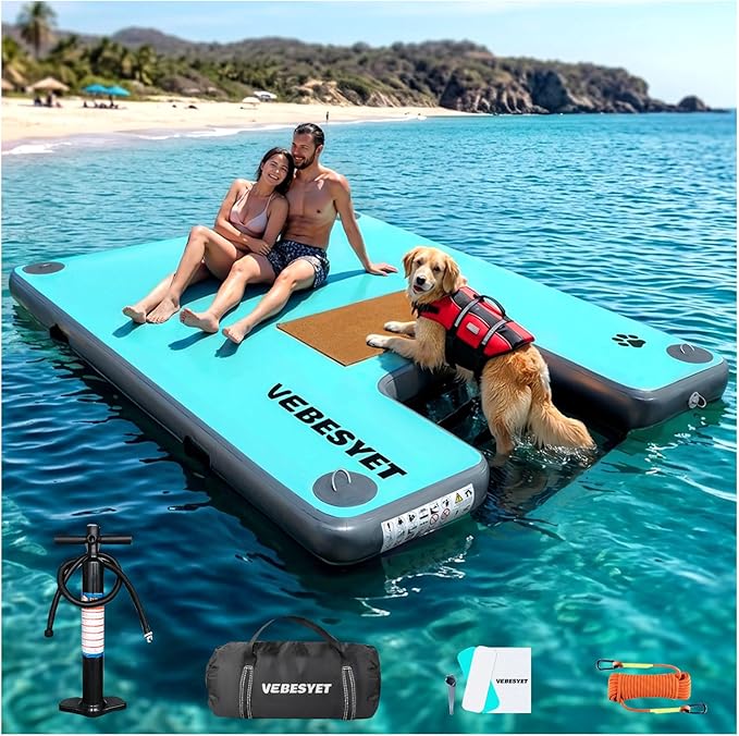 Inflatable Dock with Water Ramp, 6 inch Thick Non-Slip Inflatable Floating Dock for Dogs & Adults, Durable Drop-Stitch Floating Dock Platform for Lake, Ocean, Swimming & Fishing