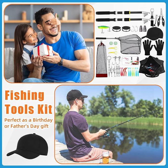 Telescopic Fishing Rod and Reel Combo 2 Pcs Collapsible Fishing Pole Kit with Plier Lip Gripper Lures Carrier Bag Pre-Loaded Spinning Reel for Beginner Men Travel Saltwater Freshwater