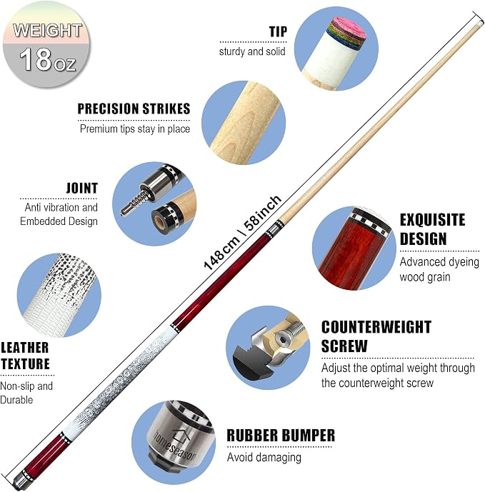 HomeSeason 58in Pool Cue Stick Canadian Maple Wood 13mm Tip - 18oz Perfect for Precision Play, Low Deflection Pool Cue for Enhanced Accuracy