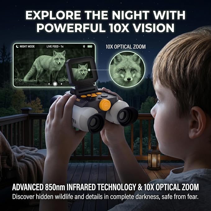 Kids Binoculars with Night Vision Camera, 10X Zoom Digital Adventures Telescope with 2.4" IPS Screen, Nature Explorer STEM Toys for Bird Watching Camping, Gifts for Boys Girls Age 4-12 - White