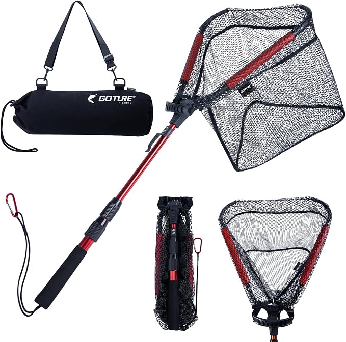 Goture Floating Fishing Net with Assist Handle, Aluminum Alloy Fixed or Telescoping Pole Handle, PVC Coated Nylon Mesh, Foldable Fish Landing Net, Carry Bag for Kayak, Fly, Bass, Trout Fishing