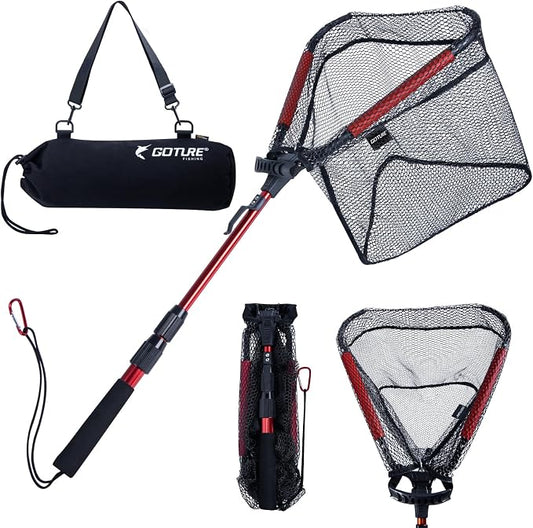 Goture Floating Fishing Net with Assist Handle, Aluminum Alloy Fixed or Telescoping Pole Handle, PVC Coated Nylon Mesh, Foldable Fish Landing Net, Carry Bag for Kayak, Fly, Bass, Trout Fishing
