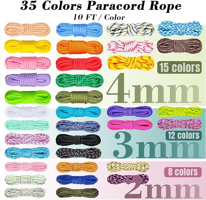 WEREWOLVES Paracord Bracelet Jig Kit - 4MM, 3MM, 2MM Parachute Combo Kit, 10FT Rope Complete Accessories and Paracord Jig Bracelet Maker (Candy, 10FT-35 Color)