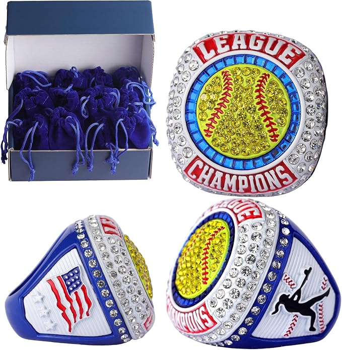 12 pcs Pack League Champions Finalist Softball Championship Awards Trophy Ring Softball Team Awards Softball Players Awards Size 9.5