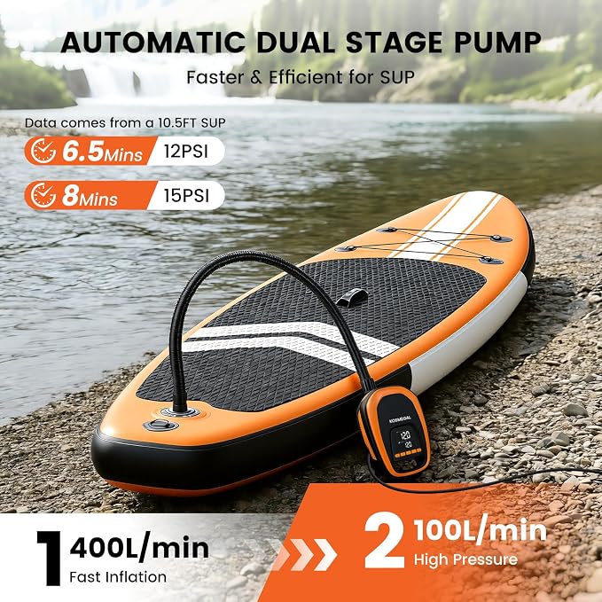 kosmegal Paddle Board Pump Electric Portable, SUP Pump for Paddleboard, 20PSI Air Compressor with Auto-Off, Deflation Function for Inflatables, Kayaks and Boats