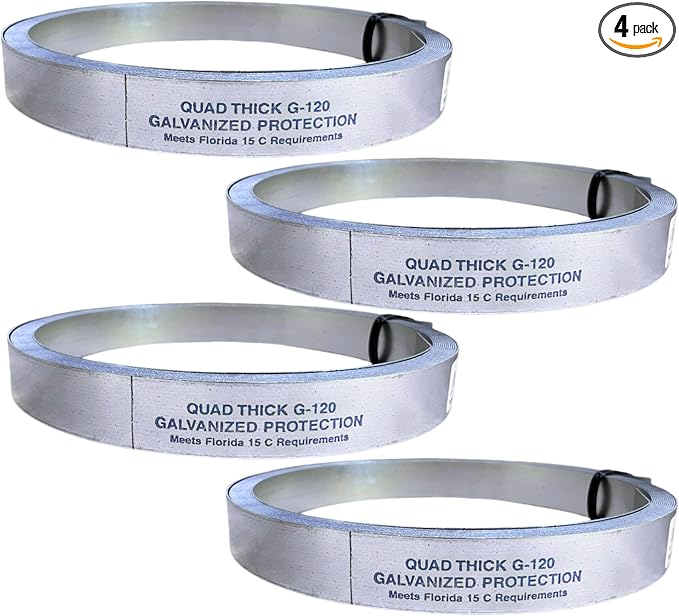 Tie Down | Certified G120 Galvanized Strapping - 1-1/4 inch x 37 feet Long | Securing Mobile Homes, Sheds, Tanks, and Reinforcing Outdoor Structures in High-Wind Areas (4 Pack)