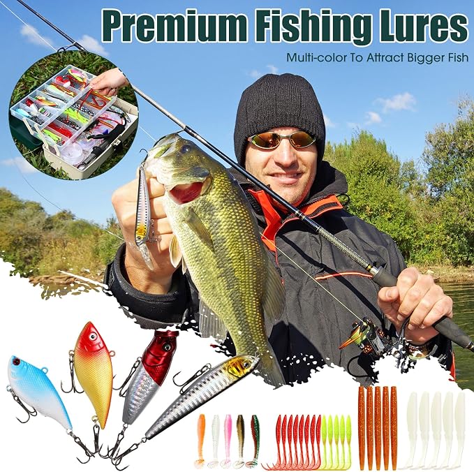 517 Pcs Large 3 Layers Tackle Box with Tackle Fishing Lures Kit Included Pliers, Fish Lip Gripper, Crankbait, Hooks, Other Accessories Fishing Kit for Men Gifts Summer Vacation(Dark Green Milky White)