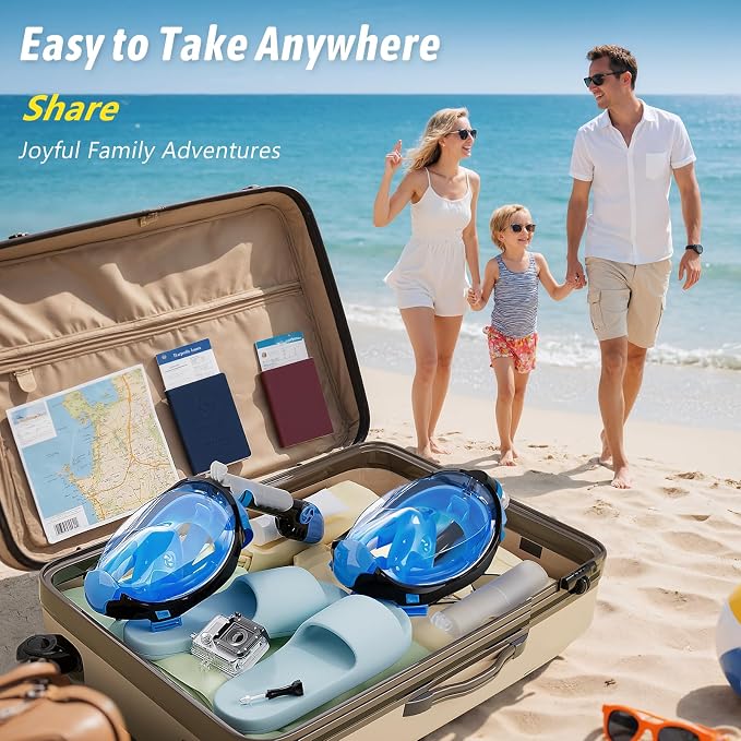 Greatever G2 Adults Kids Full Face Snorkel Mask 2 Pcs,Snorkeling Gear with Latest Dry Top System,Foldable 180 Degree Panoramic View,Safe Breathing,Anti-Leak&Anti-Fog Snorkeling Mask with Camera Mount