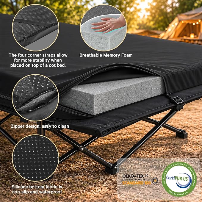 CYMULA Camping Cot Pad 2 Inch Memory Foam, Camping Pad for Folding Cot and Foldable Cot, Portable Roll Up Camp Gear for Car Camping Travel Tent, Non-Slip Waterproof Bottom, Removable Cover, Pad Only