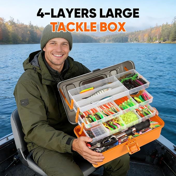 597Pcs Fishing Lures Kit Large 4-Layer Tackle Box whit Tackle，Pliers, Crankbait, Hooks, Weights & Accessories Complete Freshwater Bass Fishing Gift for Men Fishing Enthusiast