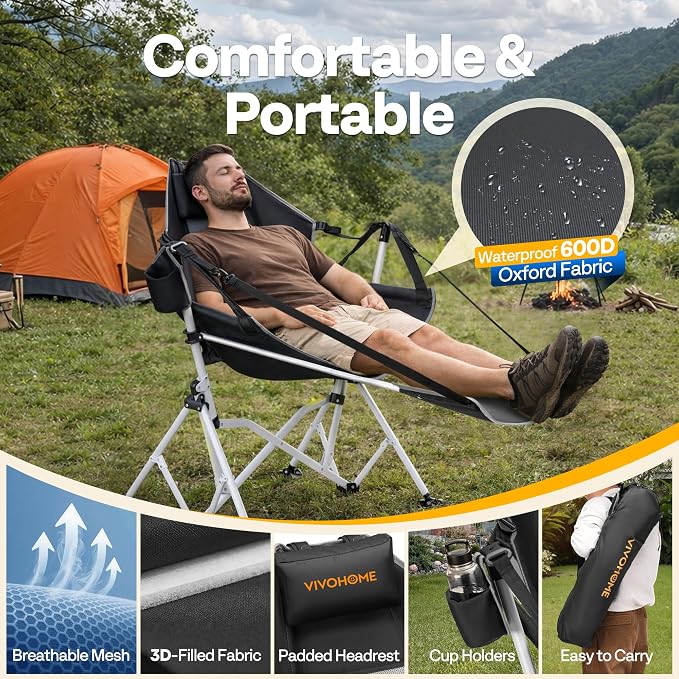 VIVOHOME Hammock Camping Chair with Removable Footrest, Portable Outdoor Swinging Rocking Chairs for Adults with Adjustable Pillow, Back and Height for Travelling,Backyard, Patio, Supports 400 lbs
